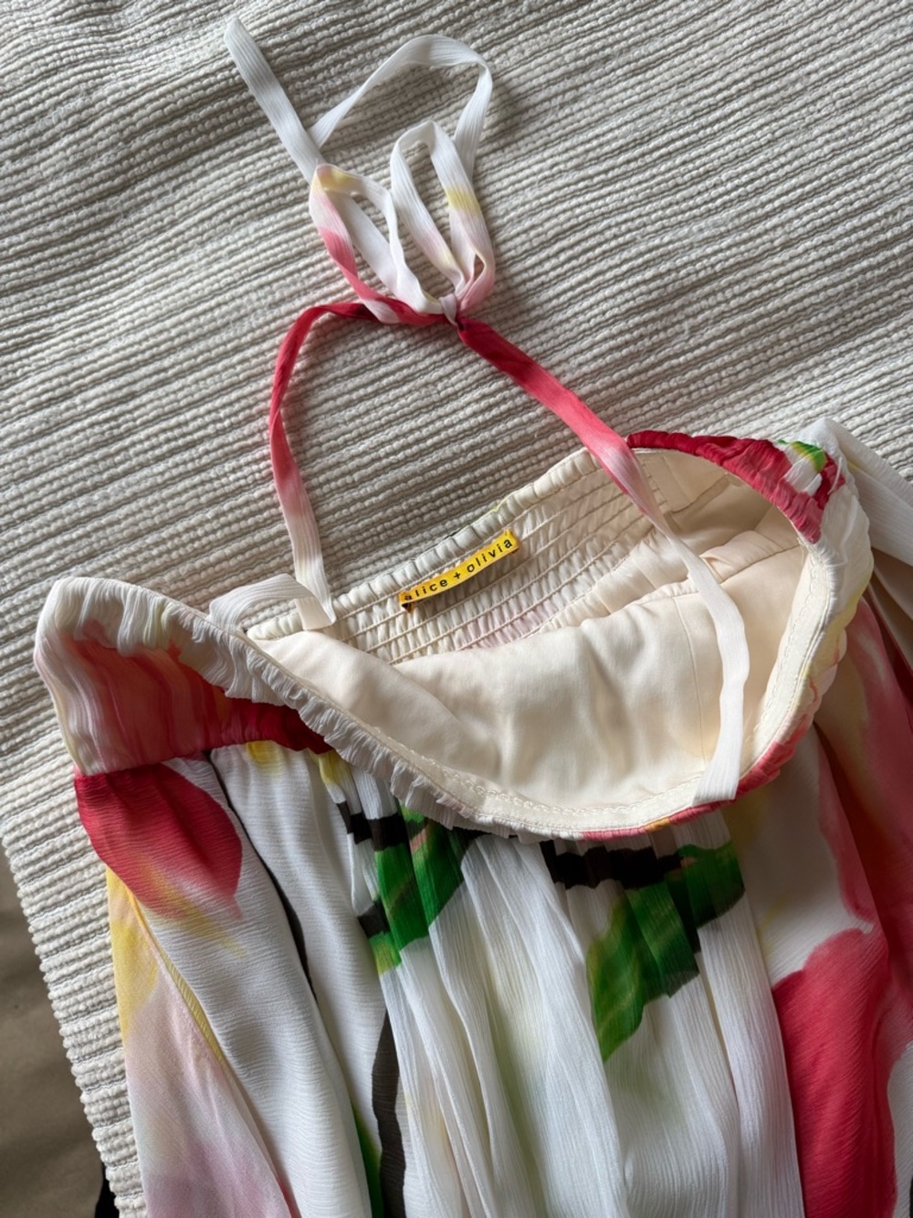 Alice + Olivia White Floral Halter Dress with Pink & Green Accents